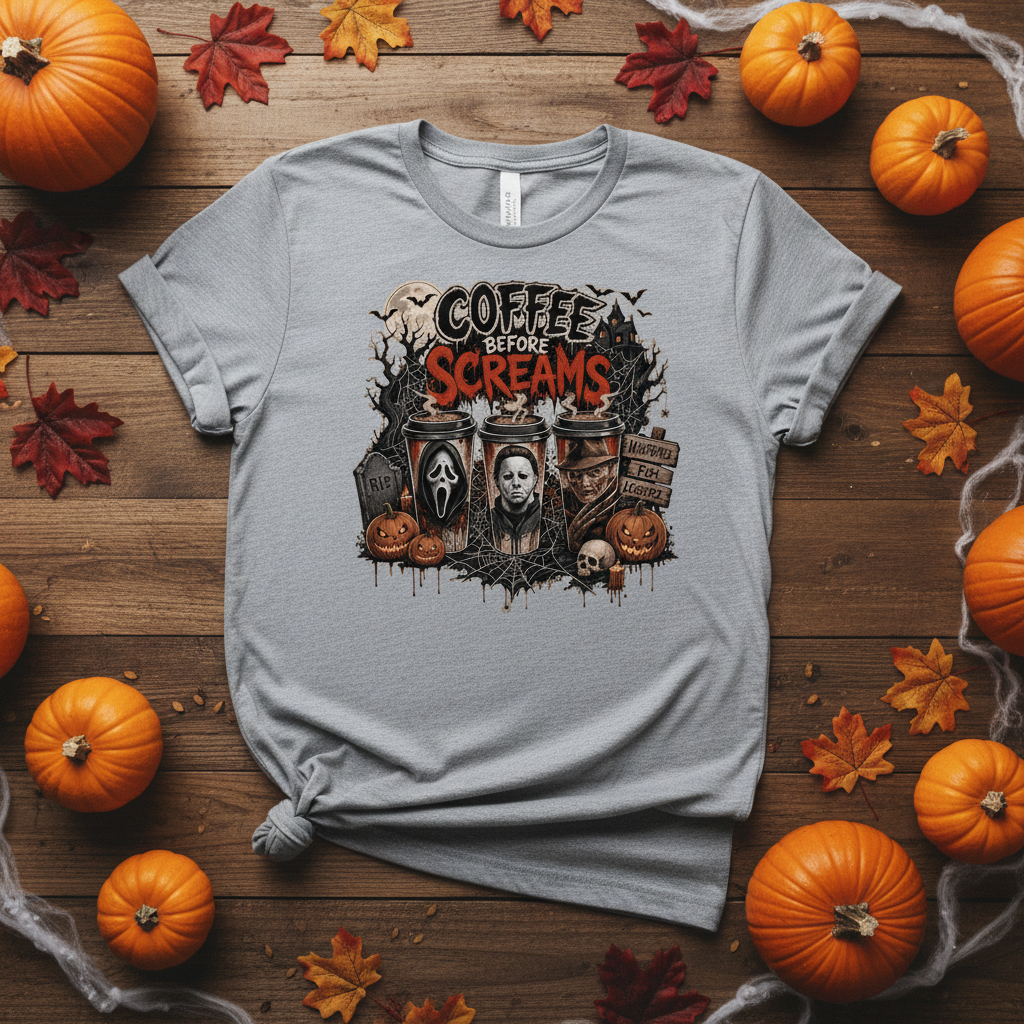 Coffee Before Screams Halloween Women's T-Shirt | Horror Movie Tee | Black
