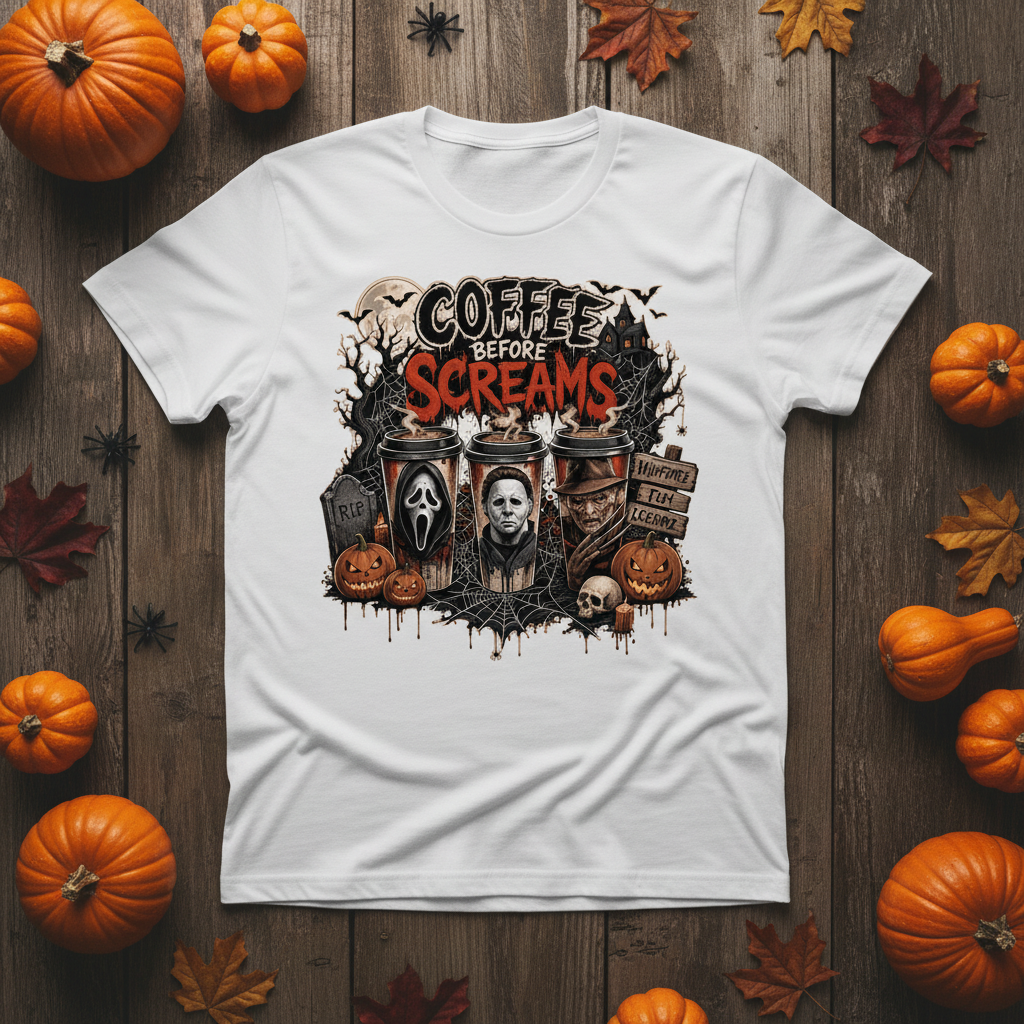 Coffee Before Screams Halloween Women's T-Shirt | Horror Movie Tee | Black