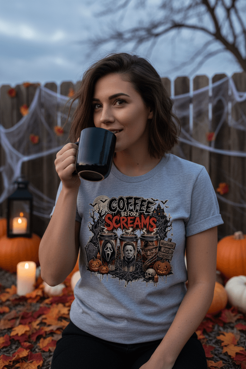 Coffee Before Screams Halloween Women's T-Shirt | Horror Movie Tee | Black