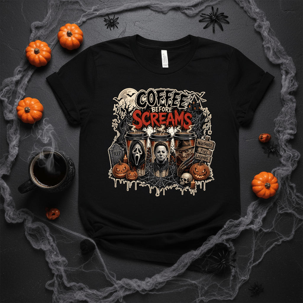 Coffee Before Screams Halloween Women's T-Shirt | Horror Movie Tee | Black