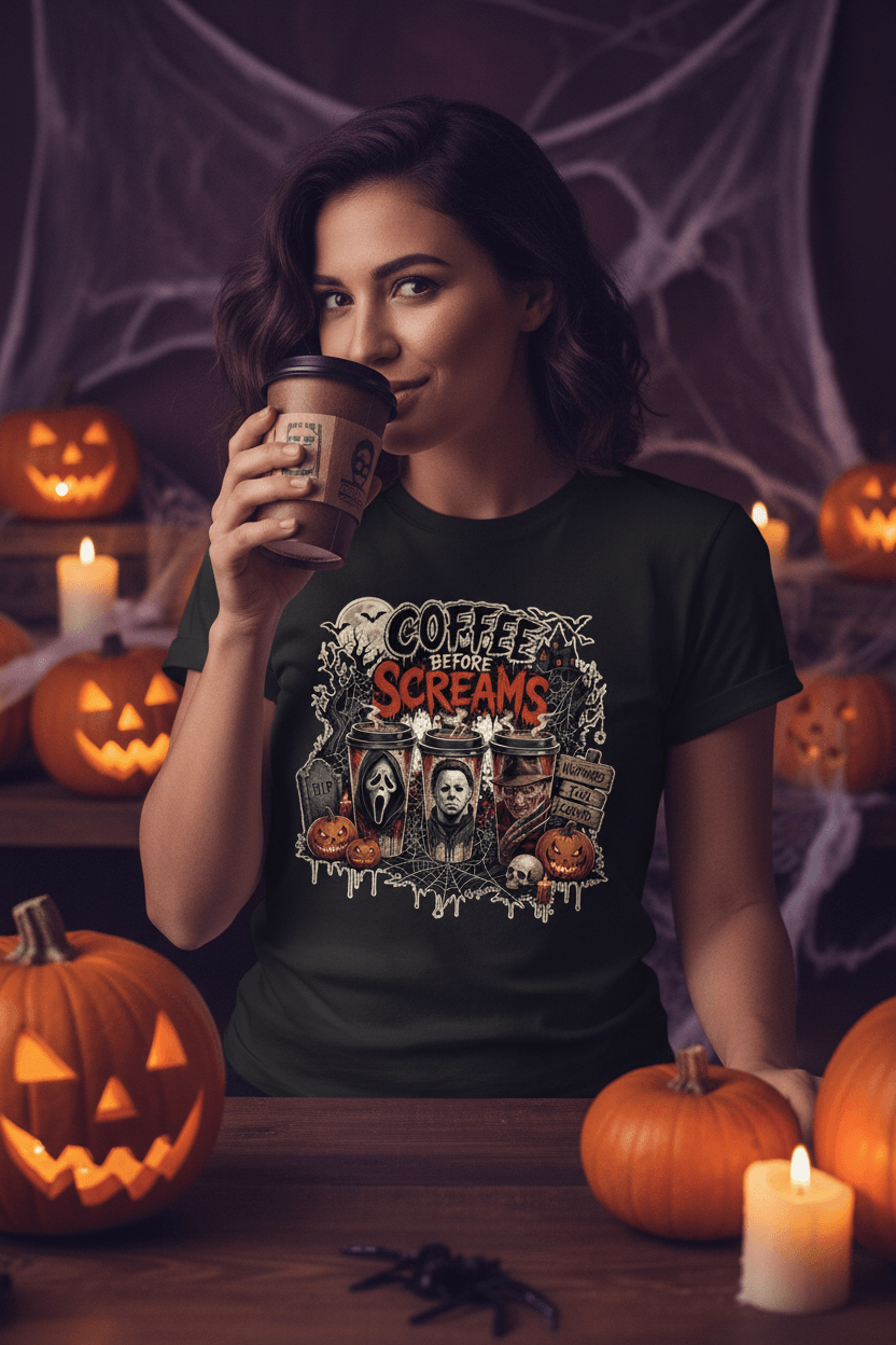 Coffee Before Screams Halloween Women's T-Shirt | Horror Movie Tee | Black