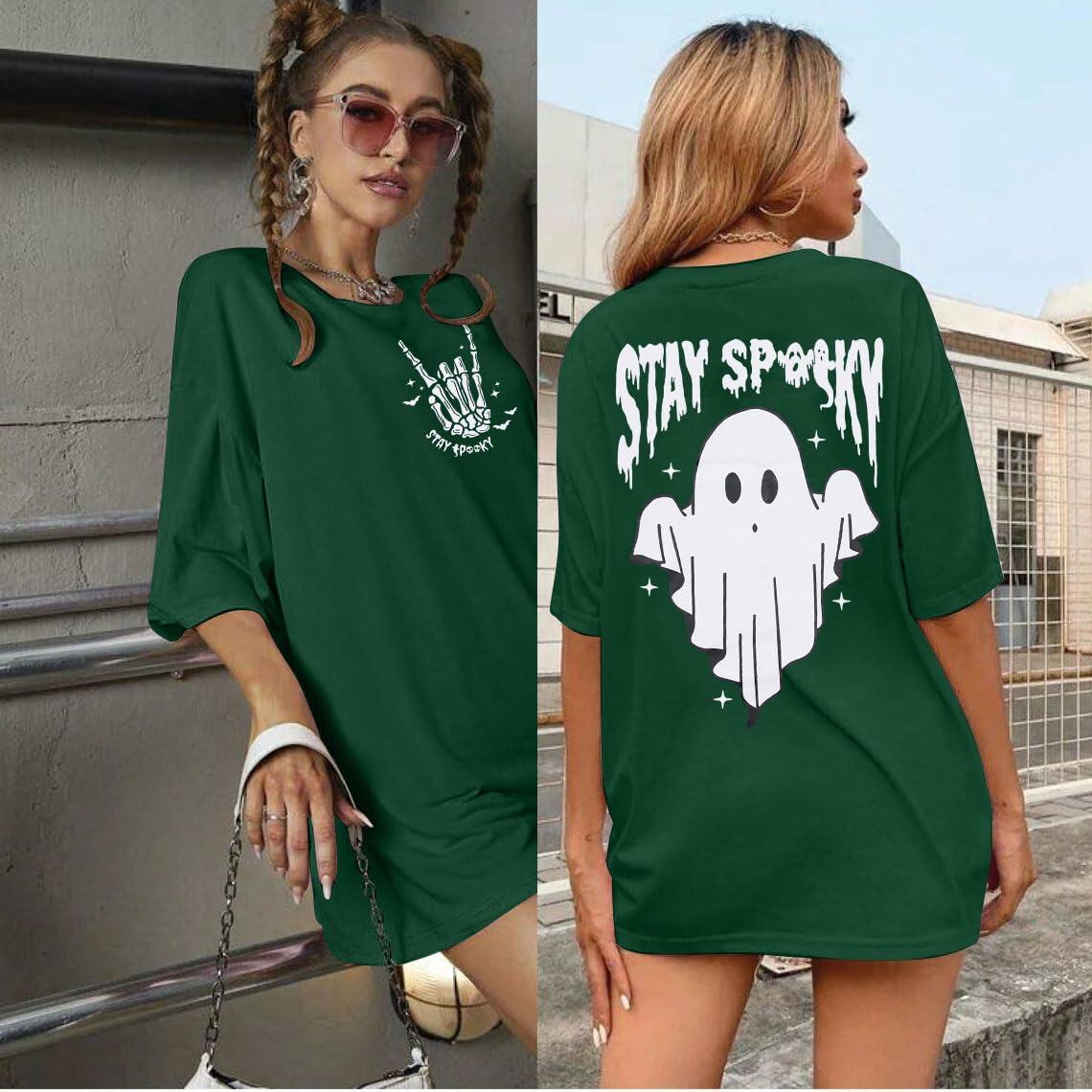 Halloween Oversize T-Shirt Women Spooky Graphic Ghost Tee Green Size XL